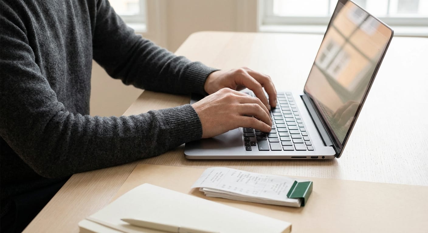 Hände tippen auf einem geöffneten Laptop neben Papierbelegen und einem Notizbuch auf einem Schreibtisch