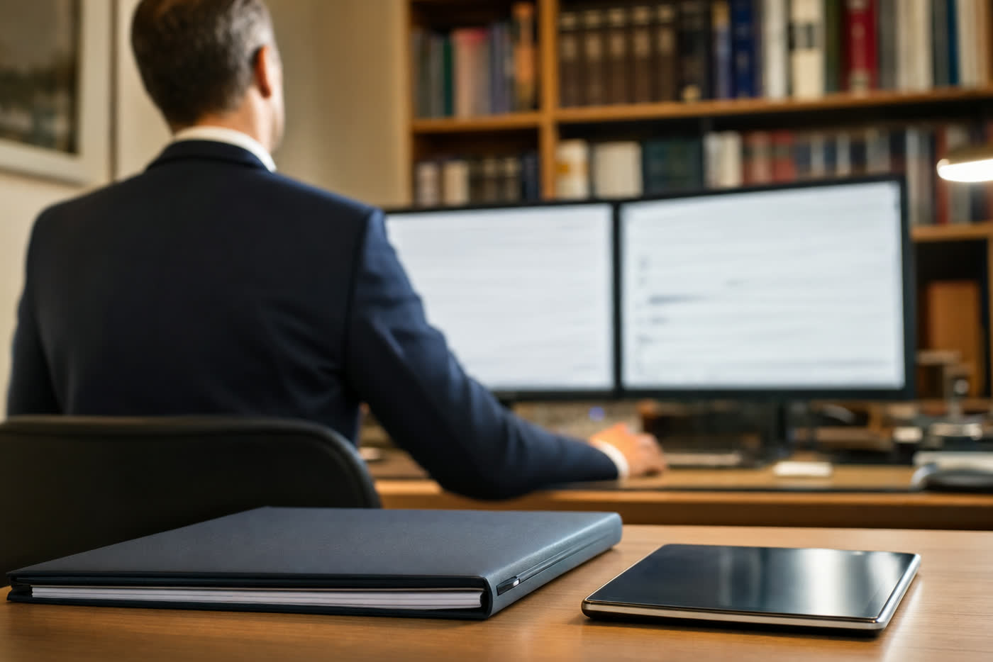Arbeitsplatz in einer Steuerkanzlei: Unterlagenmappe und Tablet liegen bereit, im Hintergrund zwei Bildschirme
