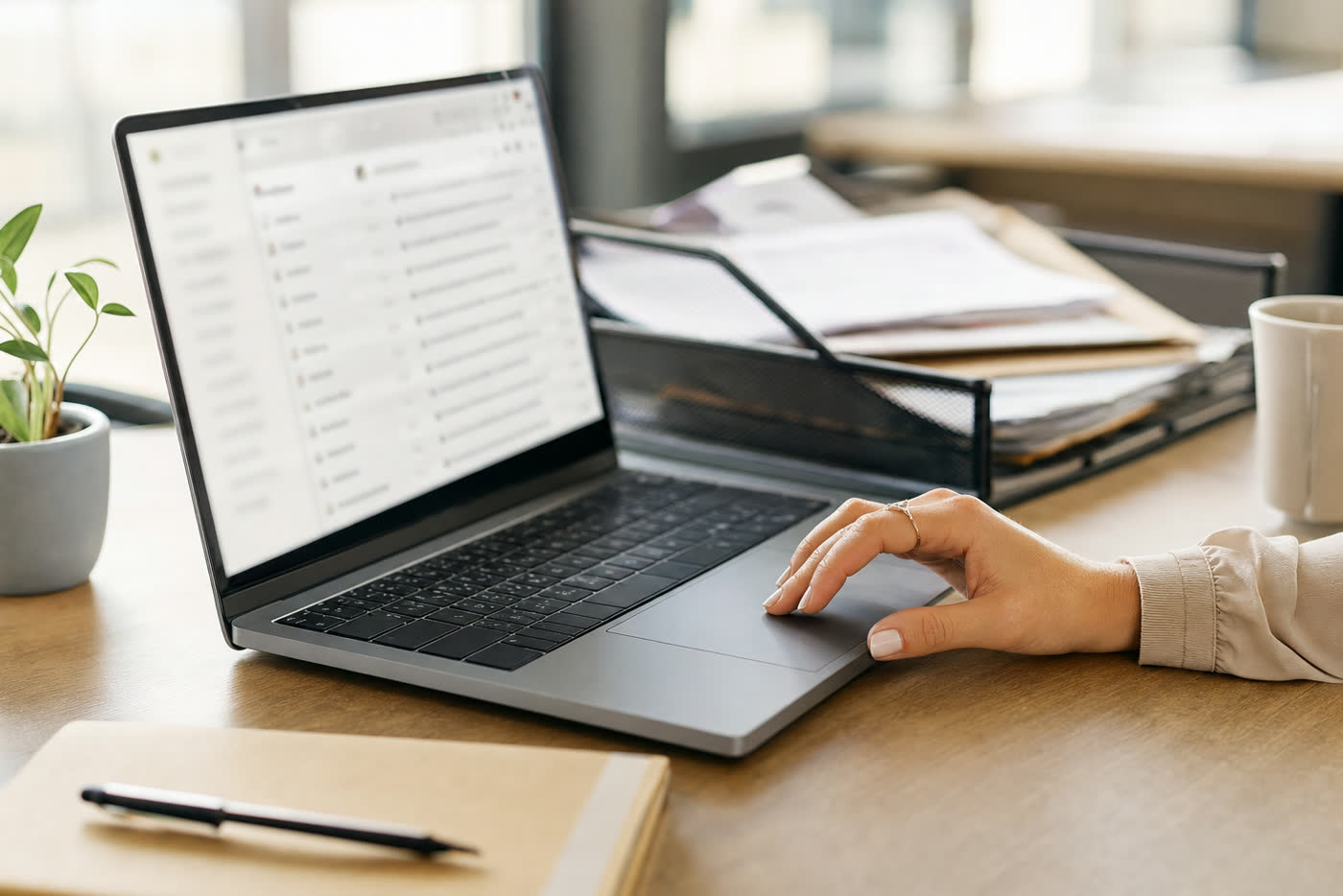 Heller Arbeitsplatz mit Laptop: der Rechnungseingang läuft digital, daneben liegt eine Papierablage