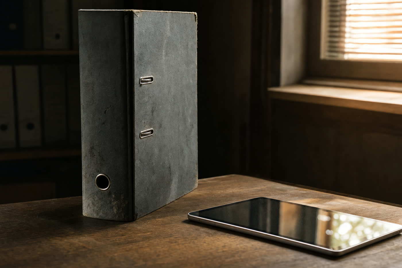 Alter Aktenordner im Schatten neben einem modernen Tablet im Licht — vom Papierordner zum digitalen Belegarchiv