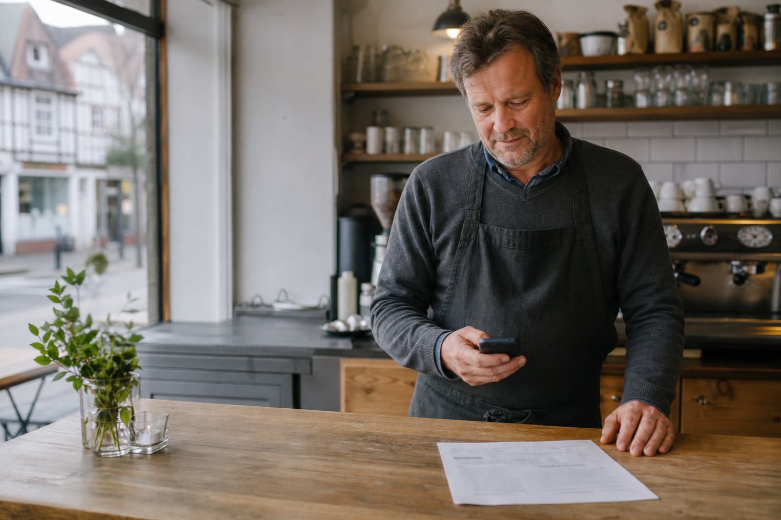 Café-Inhaber prüft am Tresen eine Lieferantenrechnung mit dem Handy