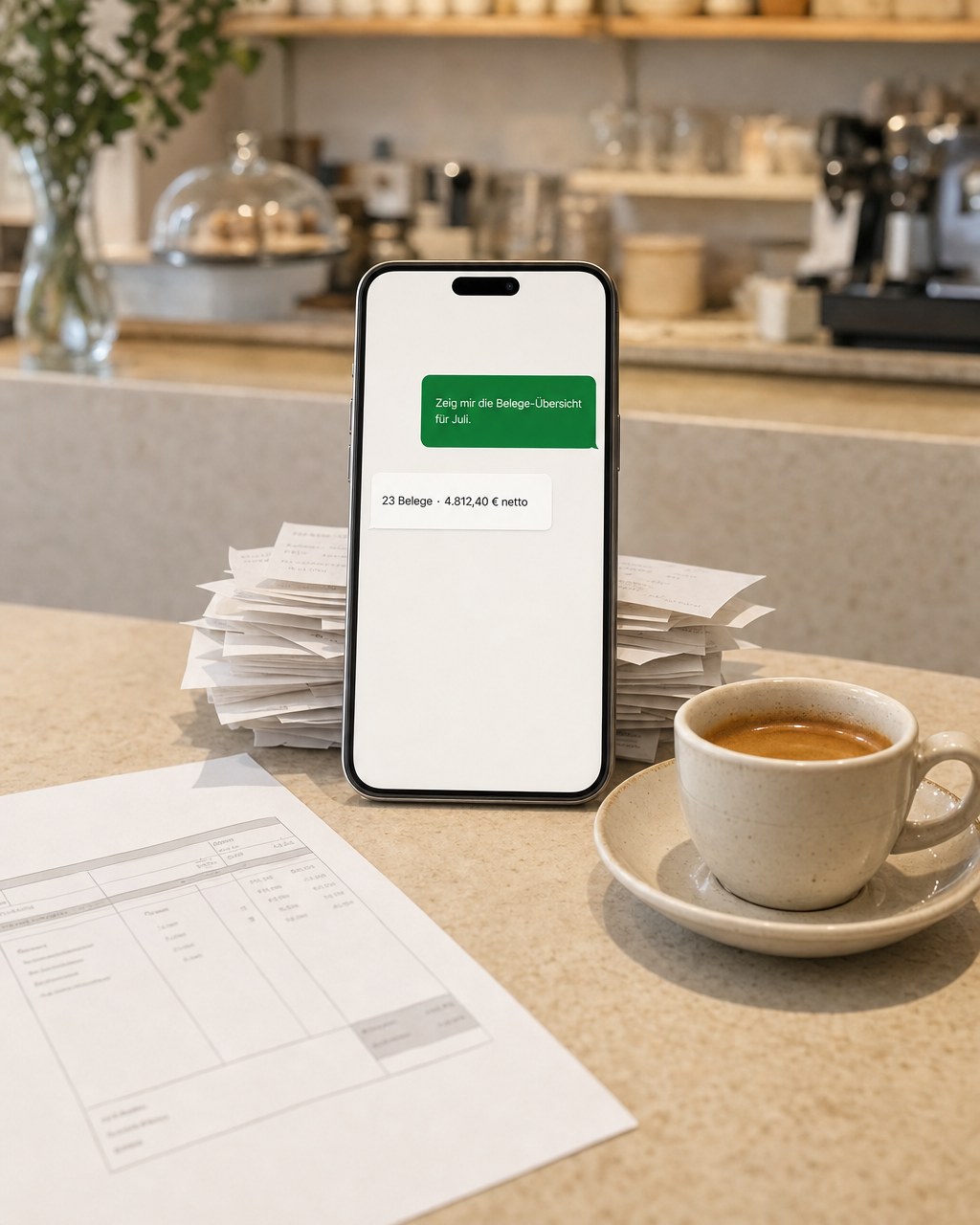 Smartphone lehnt an einem Stapel Kassenbons auf einer Café-Theke; auf dem Bildschirm ein Chat: „Zeig mir die Belege-Übersicht für Juli.
